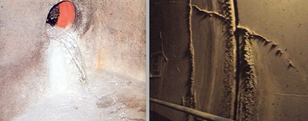 Fig. 3: Chorro de agua que fluye y depósitos de cal en un túnel con revestimiento de hormigón (izquierda). Fig. 4: Efecto similar en una junta de construcción (derecha)
